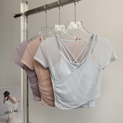 瑜伽服上衣女带胸垫网纱普拉提短袖显瘦健身绝美训练服运动T恤