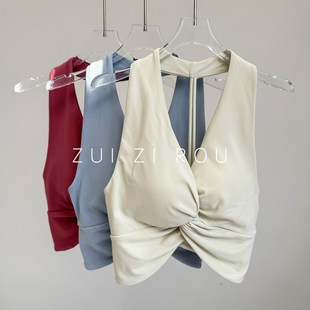 挂脖深V运动内衣女跑步文胸外穿带胸垫性感美背健身背心瑜伽上衣