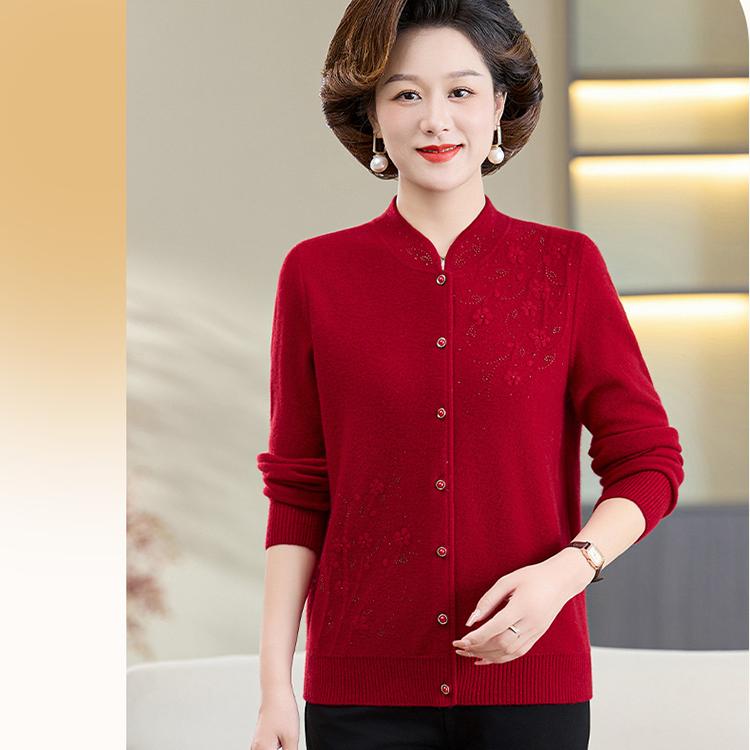 本命年100%纯羊毛衫中老年妈妈秋冬新款旗袍领毛衣开衫洋气打底衫