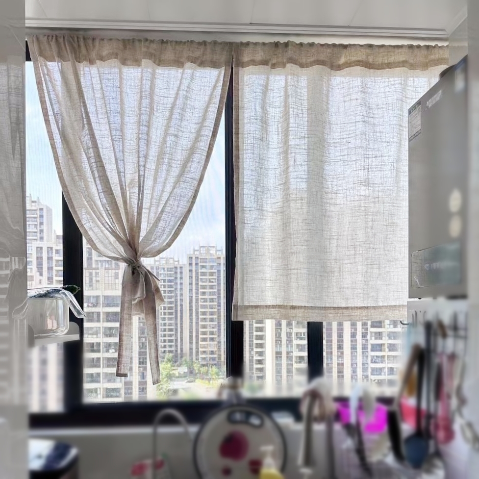 厨房遮阳免打孔安装亚麻短帘