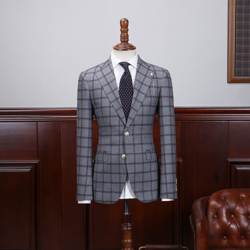 isirhonour原创绅士英伦灰色大格子修身西装复古欧美格纹西服潮男