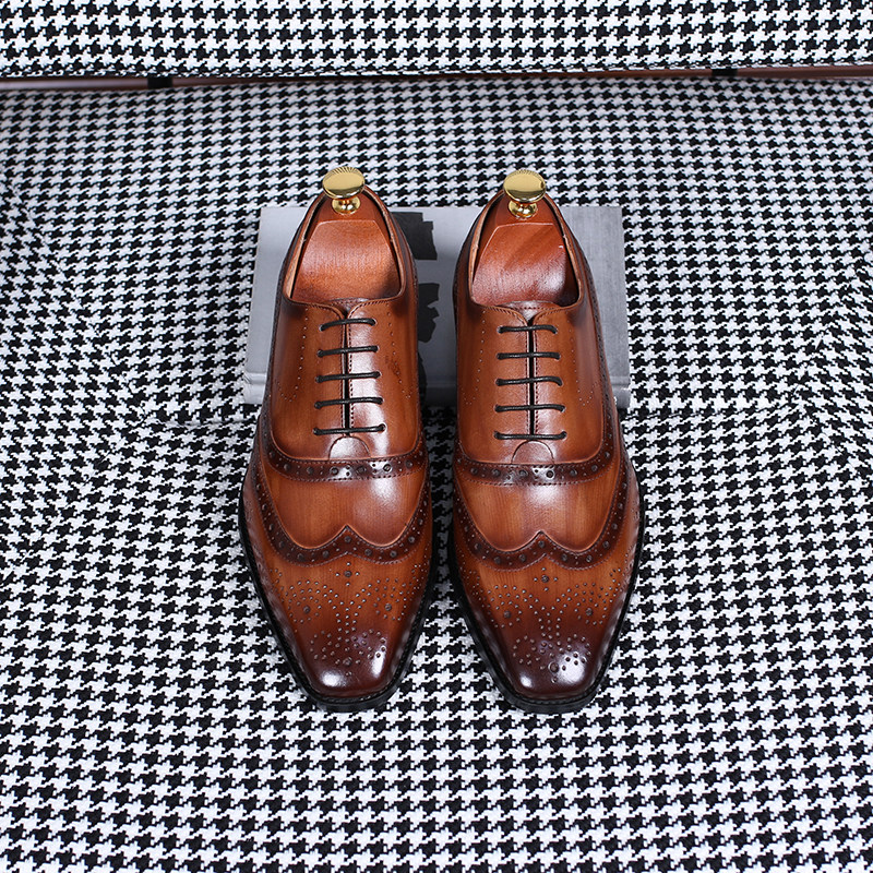ISIRHONOUR ITALIAN STYLE BRITISH COWHIDE BROGUE CARVED MENS SQUARE TOE BUSINESS WEDDING SHOES FORMAL LEATHER SHOES