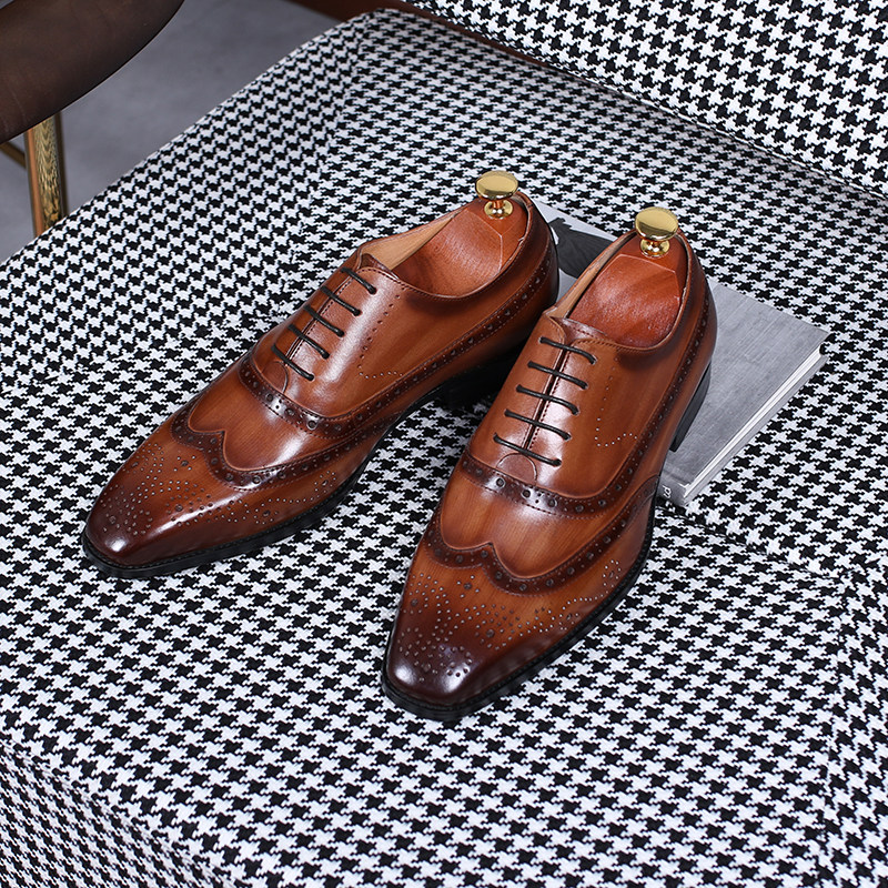 ISIRHONOUR ITALIAN STYLE BRITISH COWHIDE BROGUE CARVED MENS SQUARE TOE BUSINESS WEDDING SHOES FORMAL LEATHER SHOES