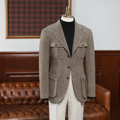 IsirHonour老钱风英伦复古全羊毛粗花呢人字纹日系猎装 男西服 西装