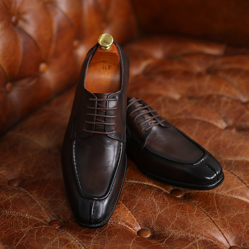 ISIRHONOUR ITALIAN-BRITISH HAND-BRUSHED LACE-UP SQUARE TOE MENS TOP LAYER COWHIDE SHOES BUSINESS FORMAL WEAR DERBY SHOES