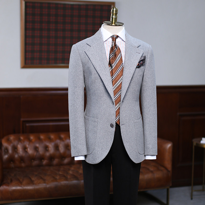isirhonour复古英伦高级灰色羊毛麦呢修身男西装宽驳头西服绅士男