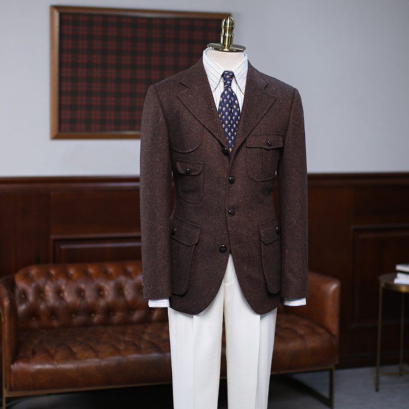 isirhonour复古90%羊毛花呢四粒扣猎装风西服古着tweed男修身西装