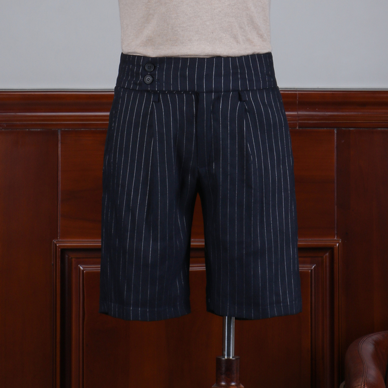 英伦复古高腰条纹亚麻休闲裤