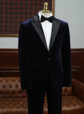 IsirHonour意式商务宴会西服结婚戗驳领蓝紫色金丝绒西装男士礼服