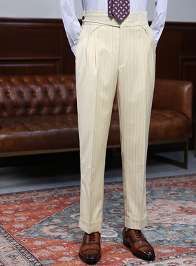 IsirHonour意式精纺羊毛黄色条纹半廓尔格高腰西裤男双褶卷边长裤