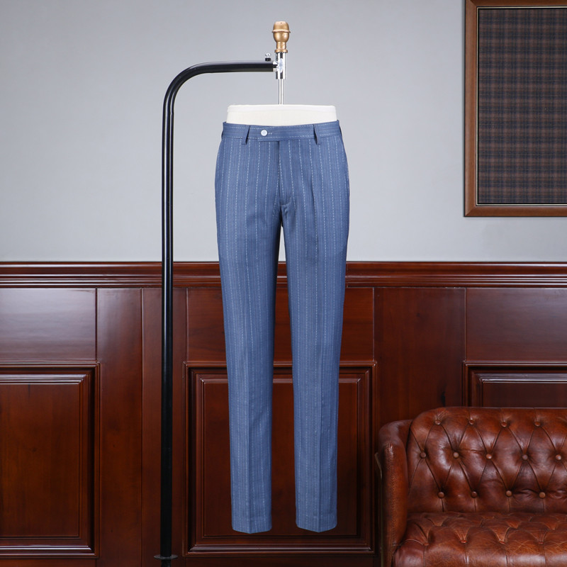 ISIRHONOUR EUROPEAN AND AMERICAN FASHION BLUE VERTICAL STRIPE SLIM FIT MENS SUIT BRITISH RETRO SUIT THREE-PIECE SUIT