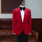 IsirHonour结婚宴会红色金丝绒青果领修身 礼服西服男英伦绅士西装