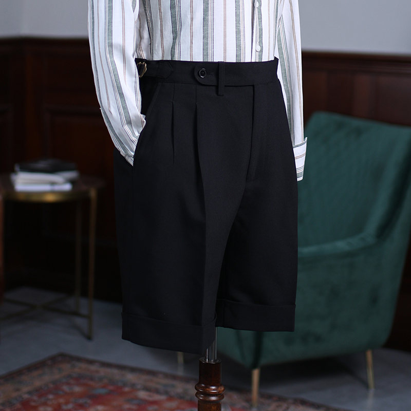 藏青色休闲裤高腰直筒卷边休闲裤