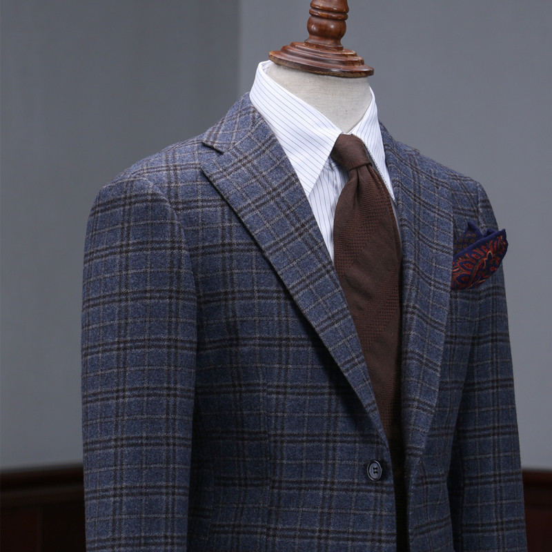ISIRHONOUR LIGHT LUXURY ITALIAN WOOL BLEND VINTAGE BRITISH BLUE PLAID SLIM FIT SUIT MENS SUIT