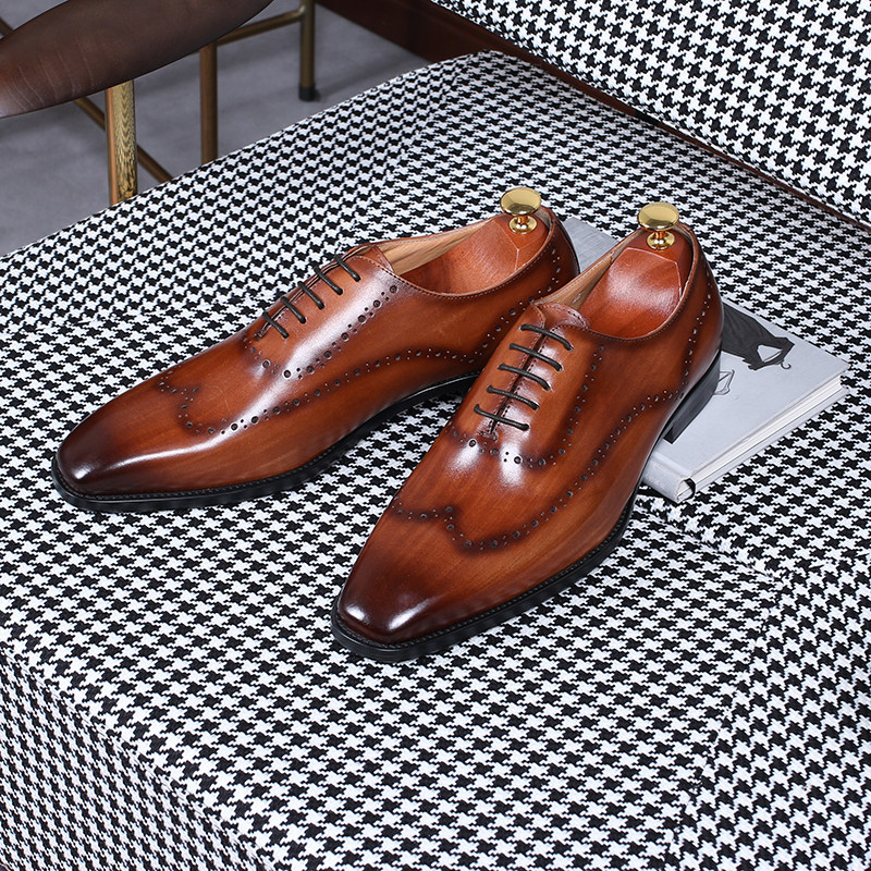 ISIRHONOUR ITALIAN BRITISH STYLE HAND-RUBBED COLOR BROGUE CARVED SQUARE HEAD COWHIDE BUSINESS FORMAL LEATHER SHOES MEN