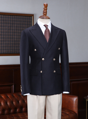 IsirHonour欧美藏青blazer双排扣修身西装金属扣织带布雷泽西服男
