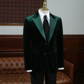 IsirHonour商务宴会结婚男主持人绿色金丝绒西装 戗驳领拼色西服潮