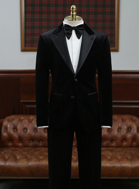 IsirHonour意式商务正装宴会黑色金丝绒西装套装男主持人司仪西服