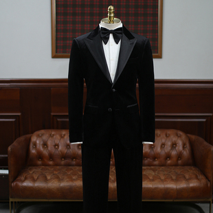 IsirHonour意式商务正装宴会黑色金丝绒西装套装男主持人司仪西服