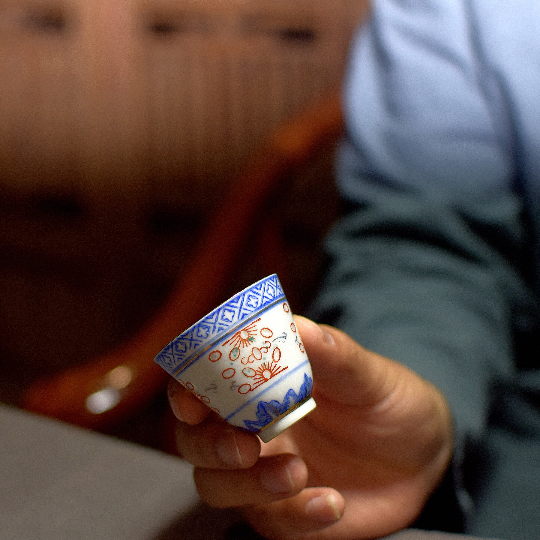 八十年代光明瓷厂青花玲珑四缸杯老厂货老货玲珑瓷