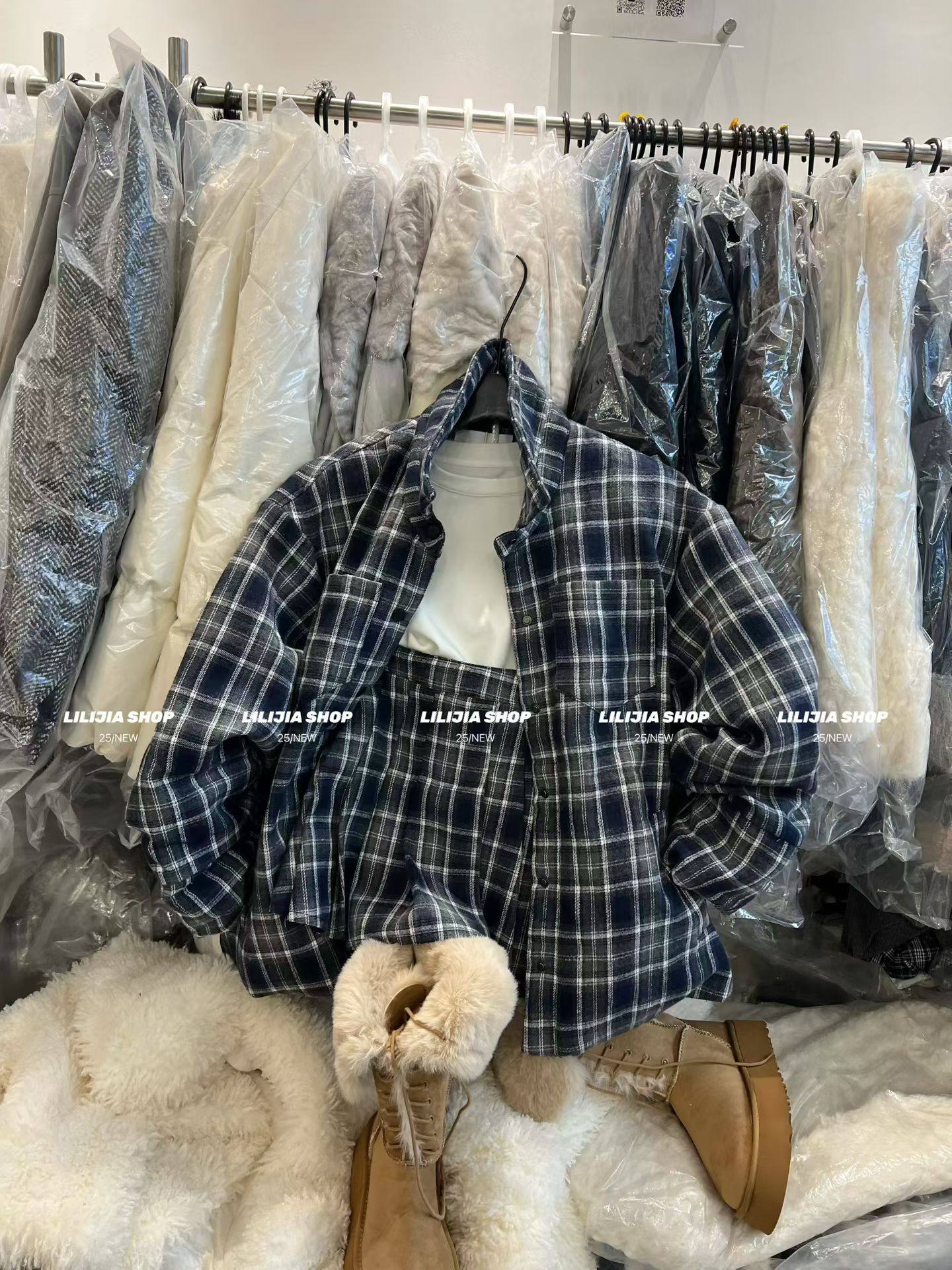 MIDO家 2025年冬季美式格纹长袖衬衫设计感小众羽绒外套短裙套装,女装/女士精品,时尚套装,淘宝优惠券,粉丝福利购,淘宝优惠卷