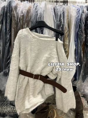 MIDO家 毛衣慵懒高级感宽松斜肩长袖上衣秋季气质露肩休闲针织衫