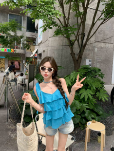 MIDO家 韩系设计感荷叶边吊带背心女夏纯色温柔风甜美上衣配丝带