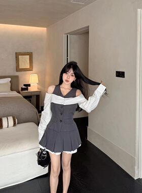 MIDO家 2026春新款撞色设计感漏肩衬衫拼接上衣女百褶半身裙套装