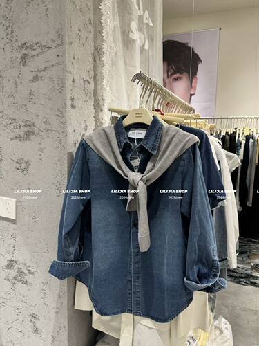 MIDO家 2026春款韩版时尚百搭显瘦气质披肩牛仔衬衫女宽松上衣