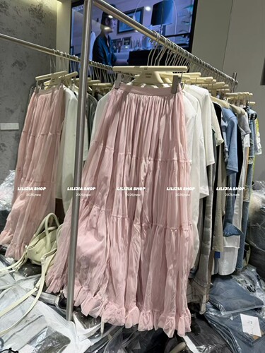 MIDO家 2026新款韩版时尚松紧腰重工显瘦网纱压褶中长半身裙女