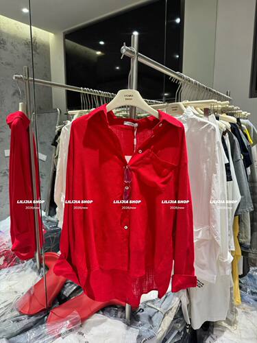 MIDO家 2026春季新款韩系宽松显瘦红色衬衣纯色翻领长袖麻料衬衫