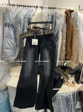 MIDO家 黑色微喇牛仔裤女秋冬新款加绒高腰弹力显瘦牛仔裤配腰带