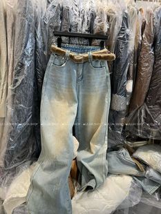 MIDO家 复合绒加厚牛仔裤女2025秋冬新款毛毛腰带宽松阔腿裤女