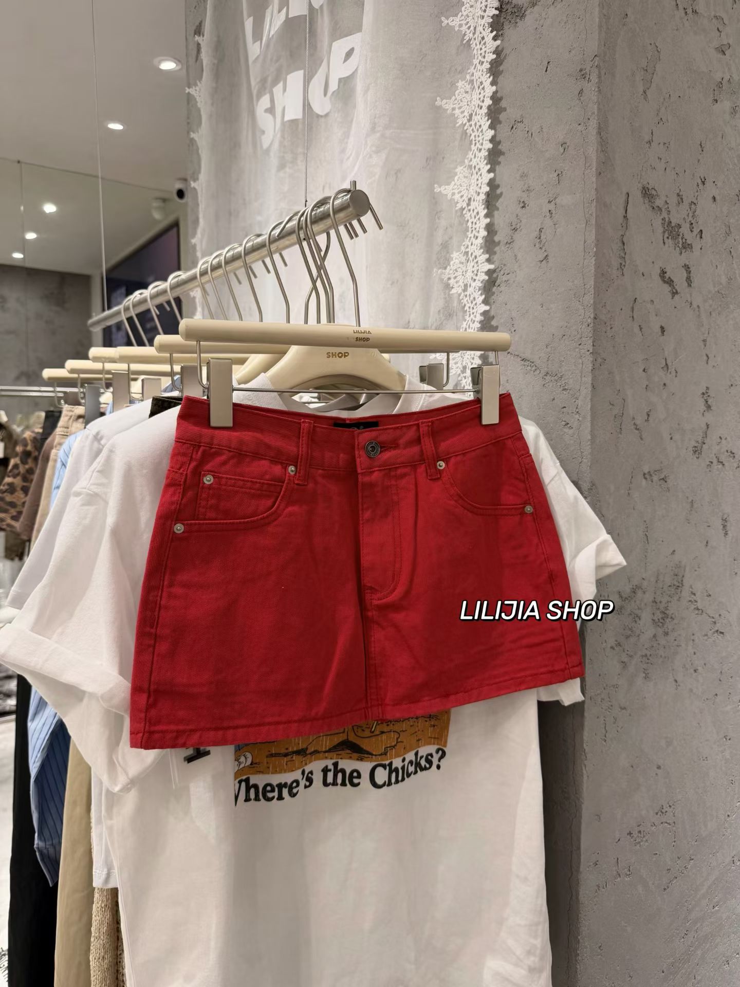 MIDO家 美式复古高腰显瘦红色牛仔半身裙女百搭防走光a字短裙