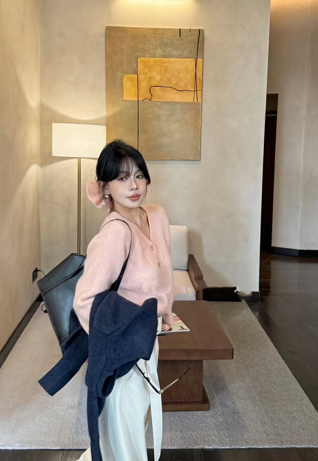 MIDO家 法式v领针织开衫毛衣女秋冬短款温柔外套上衣配头饰