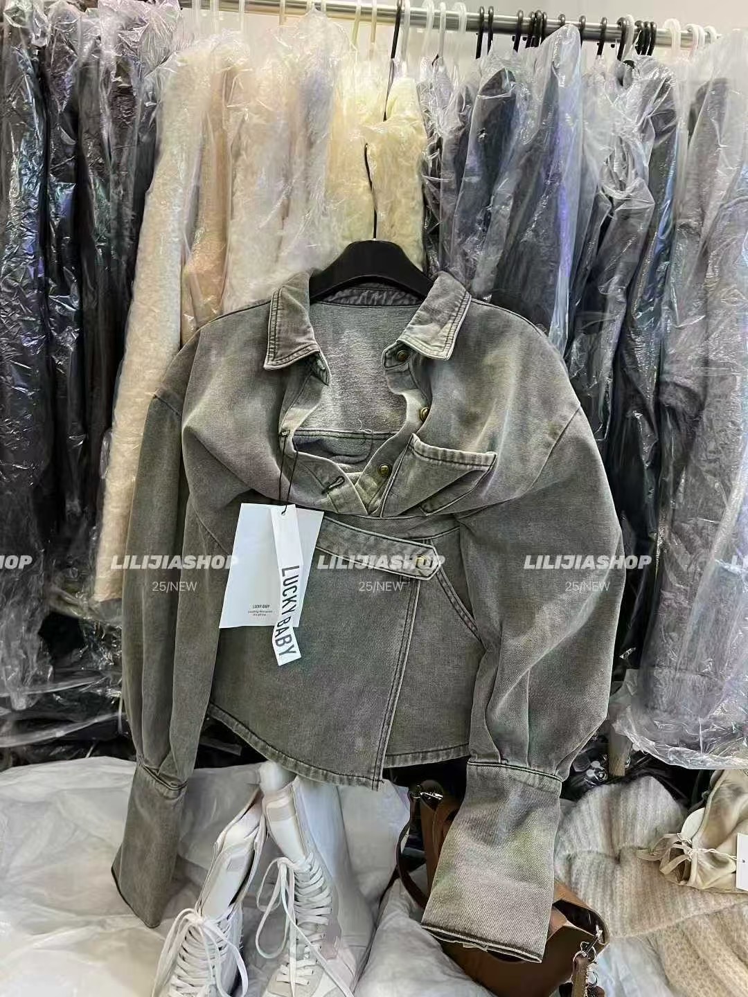 MIDO家 韩版时尚百搭宽松显瘦抓绒牛仔外套+不规则牛仔裙裤套装