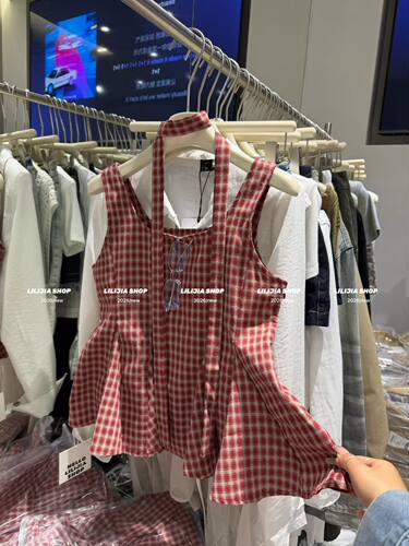 MIDO家 2026春夏新款韩版百搭宽松显瘦格子飘带背心衬衫娃娃上衣