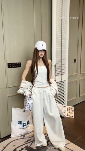 MIDO家 2026新款韩版时尚百搭显瘦气质简约白色抹胸+休闲裤套装女