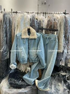 MIDO家 韩版羊羔毛领羽绒牛仔外套女+高腰直筒拖地牛仔裤2025套装