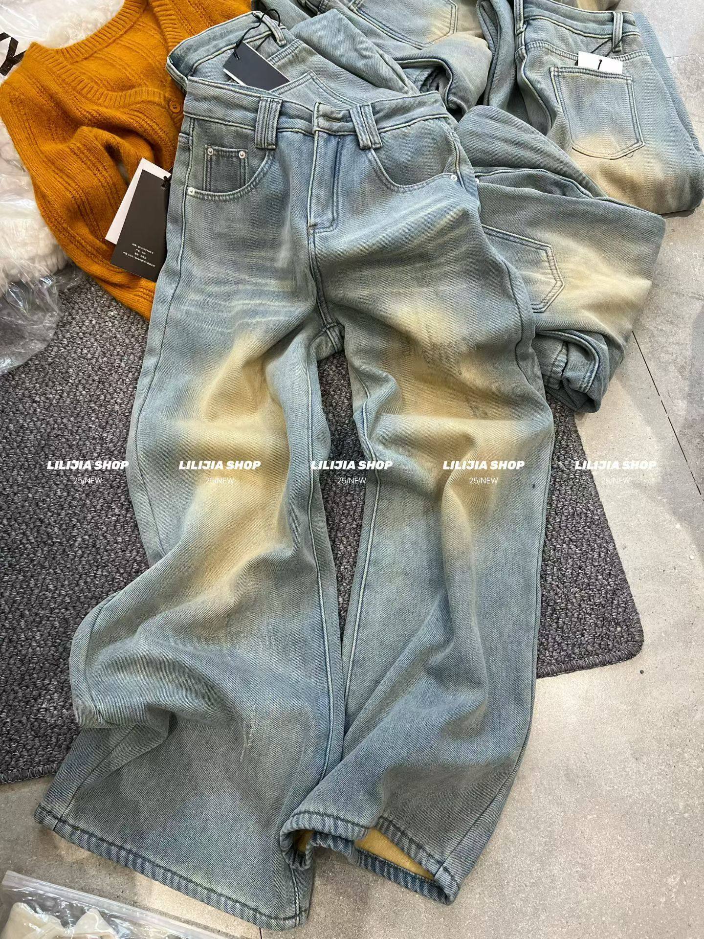 MIDO家 设计感浅蓝色水洗落日晕染牛仔裤女冬高腰加绒百搭阔腿裤,女装/女士精品,牛仔裤,淘宝优惠券,粉丝福利购,淘宝优惠卷