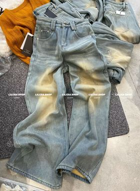 MIDO家 设计感浅蓝色水洗落日晕染牛仔裤女冬高腰加绒百搭阔腿裤