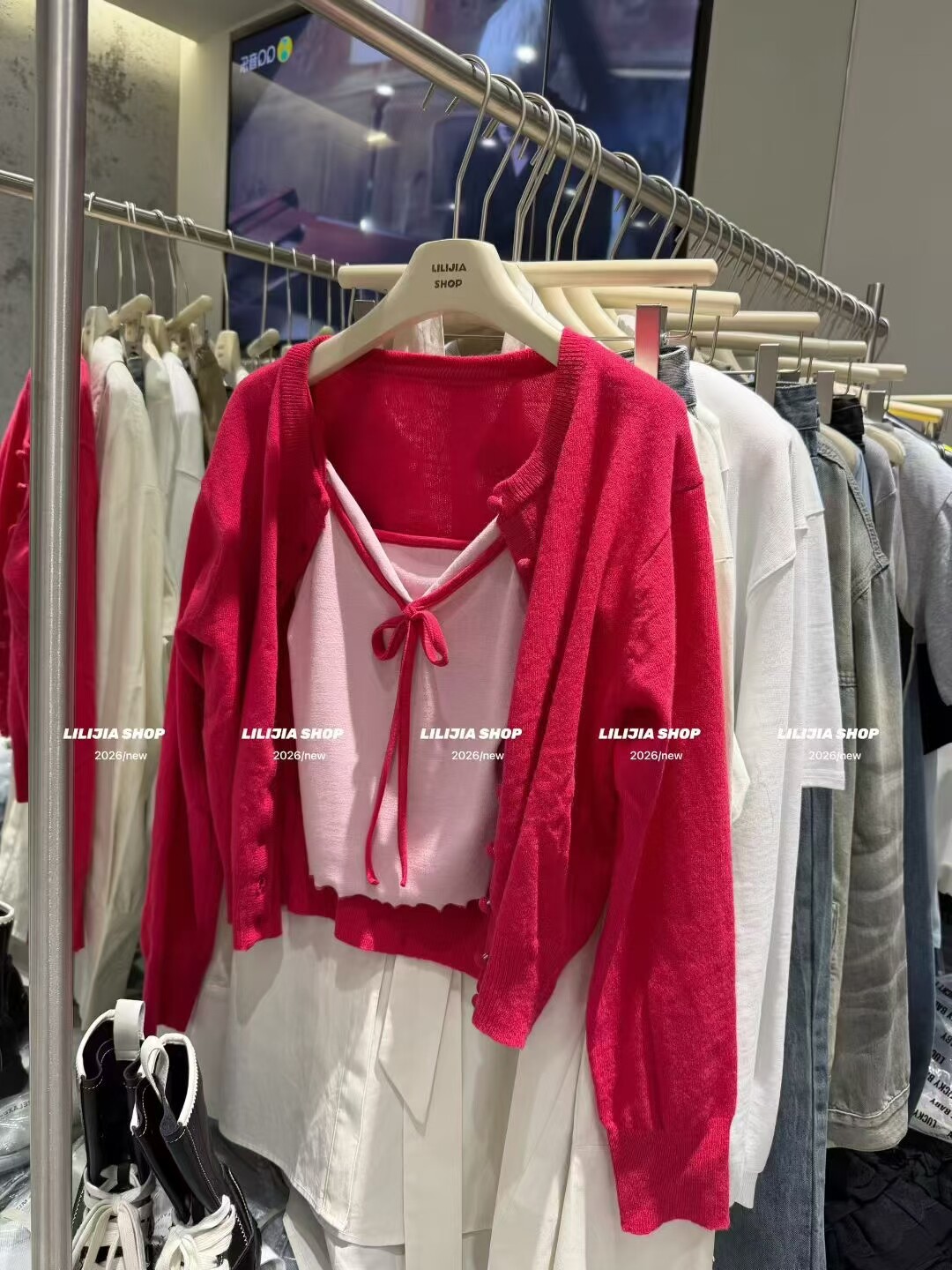 MIDO家 2026新款韩版时尚百搭显瘦针织开衫+吊带背心两件套套装