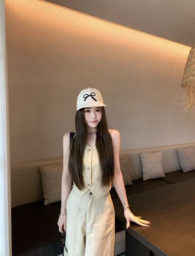 MIDO家 杏色减龄显瘦v领马甲背心女夏套装宽松阔腿工装裤子两件套