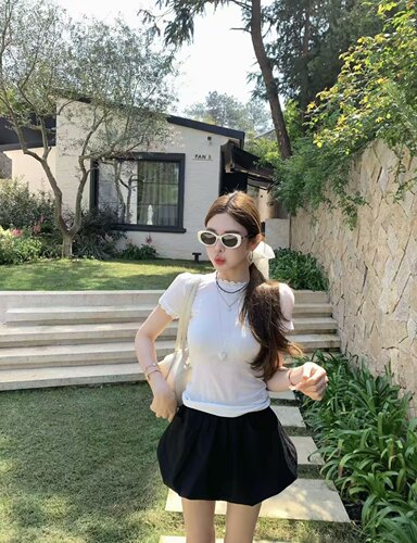 MIDO家 韩国东大门2026夏时尚百搭设计感修身蕾丝花边显瘦短袖T恤