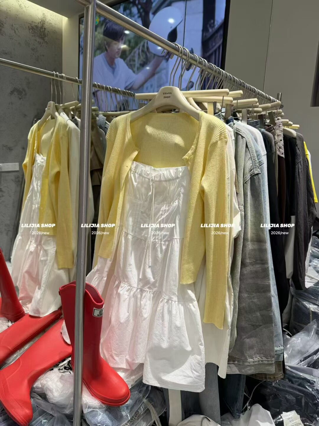 MIDO家 2026春小白裙初恋吊带连衣裙女小清新黄色针织开衫两件套