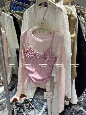 MIDO家 2026新款韩版时尚百搭显瘦木耳边吊带背心+长袖T恤两件套