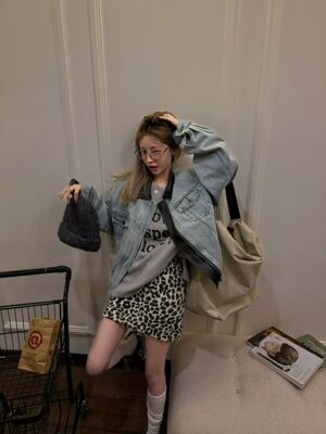 MIDO家 2026春新款韩版宽松休闲百搭拼皮牛仔外套女短款夹克上衣