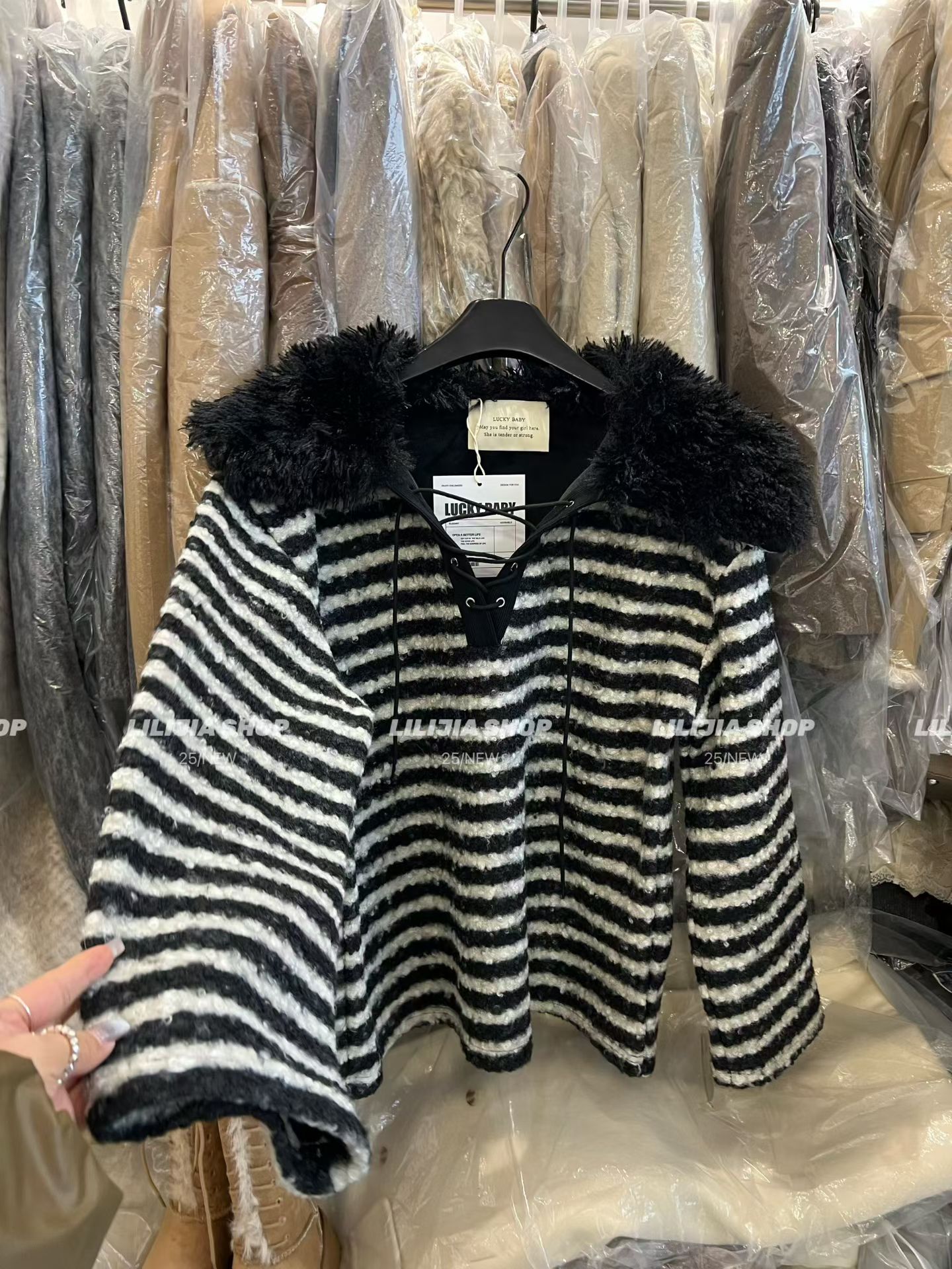 MIDO家 美式复古条纹卫衣女2025秋冬可毛领v领针织衫慵懒风上衣