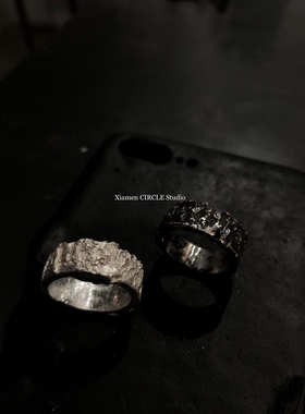 陨石纹理戒指白戒指黑白戒指手工银饰小众设计先锋定制婚戒钻戒