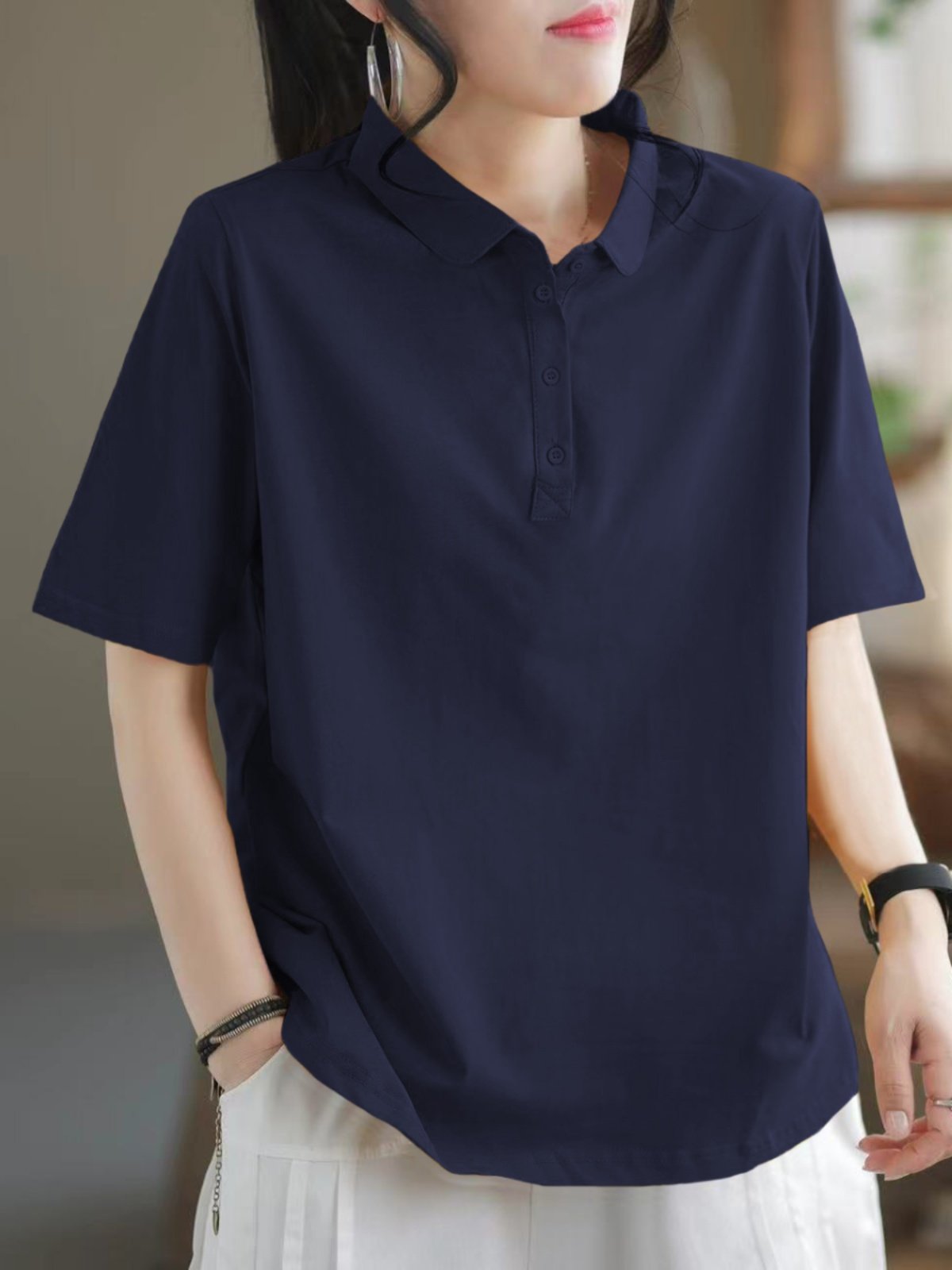 COTTON SHORT-SLEEVED POLO NECK T-SHIRT SUMMER NEW LITERARY RETRO CASUAL VERSATILE PRINT COTTON T-SHIRT TOP